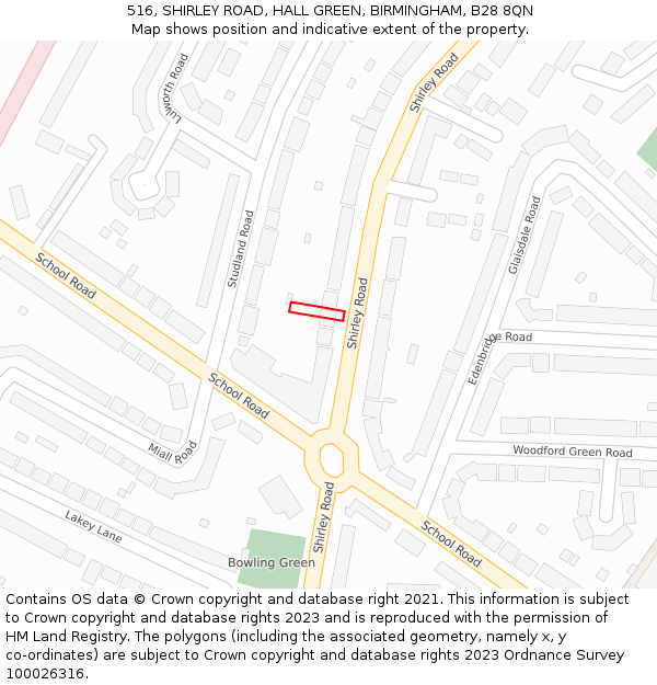 516, SHIRLEY ROAD, HALL GREEN, BIRMINGHAM, B28 8QN: Location map and indicative extent of plot