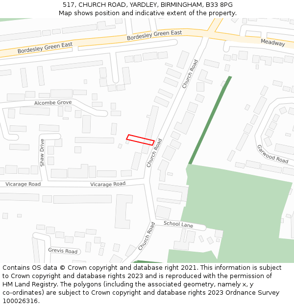 517, CHURCH ROAD, YARDLEY, BIRMINGHAM, B33 8PG: Location map and indicative extent of plot