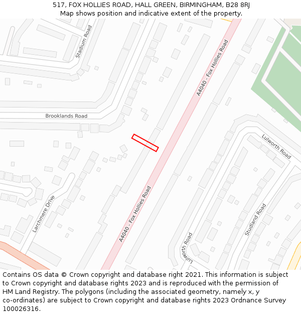 517, FOX HOLLIES ROAD, HALL GREEN, BIRMINGHAM, B28 8RJ: Location map and indicative extent of plot