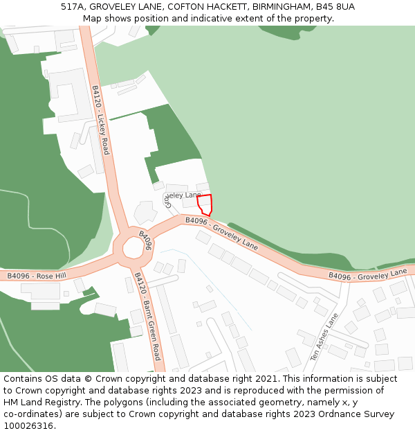 517A, GROVELEY LANE, COFTON HACKETT, BIRMINGHAM, B45 8UA: Location map and indicative extent of plot