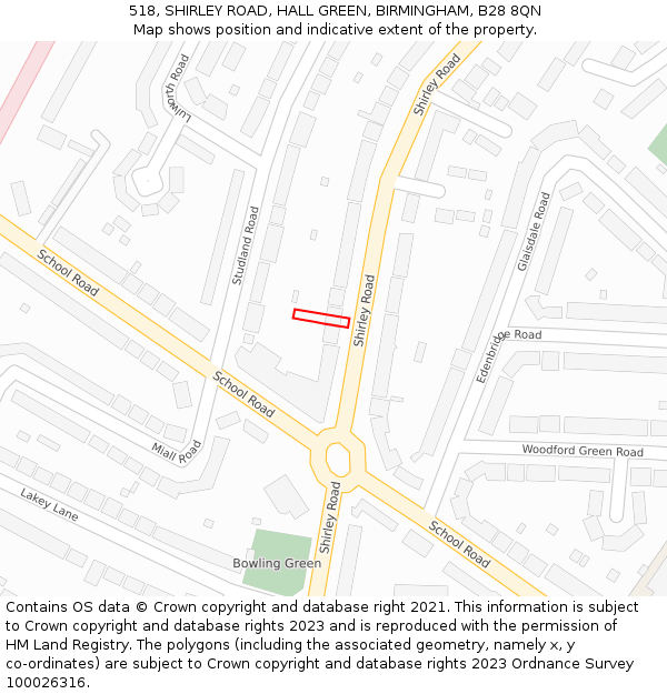 518, SHIRLEY ROAD, HALL GREEN, BIRMINGHAM, B28 8QN: Location map and indicative extent of plot