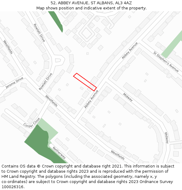 52, ABBEY AVENUE, ST ALBANS, AL3 4AZ: Location map and indicative extent of plot