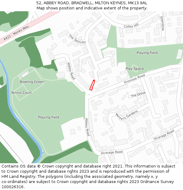 52, ABBEY ROAD, BRADWELL, MILTON KEYNES, MK13 9AL: Location map and indicative extent of plot