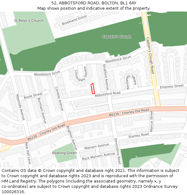 52, ABBOTSFORD ROAD, BOLTON, BL1 6AY: Location map and indicative extent of plot