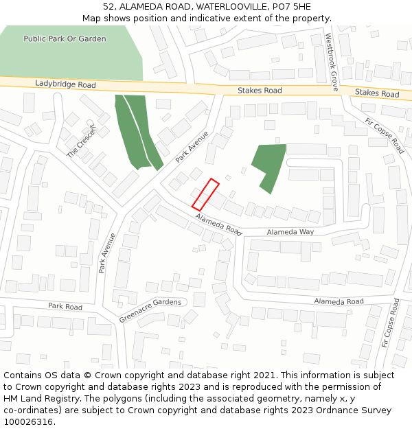 52, ALAMEDA ROAD, WATERLOOVILLE, PO7 5HE: Location map and indicative extent of plot