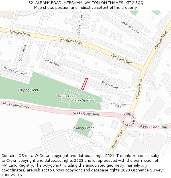 52, ALBANY ROAD, HERSHAM, WALTON-ON-THAMES, KT12 5QQ: Location map and indicative extent of plot