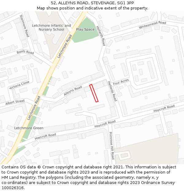 52, ALLEYNS ROAD, STEVENAGE, SG1 3PP: Location map and indicative extent of plot