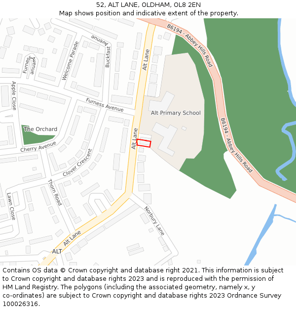 52, ALT LANE, OLDHAM, OL8 2EN: Location map and indicative extent of plot