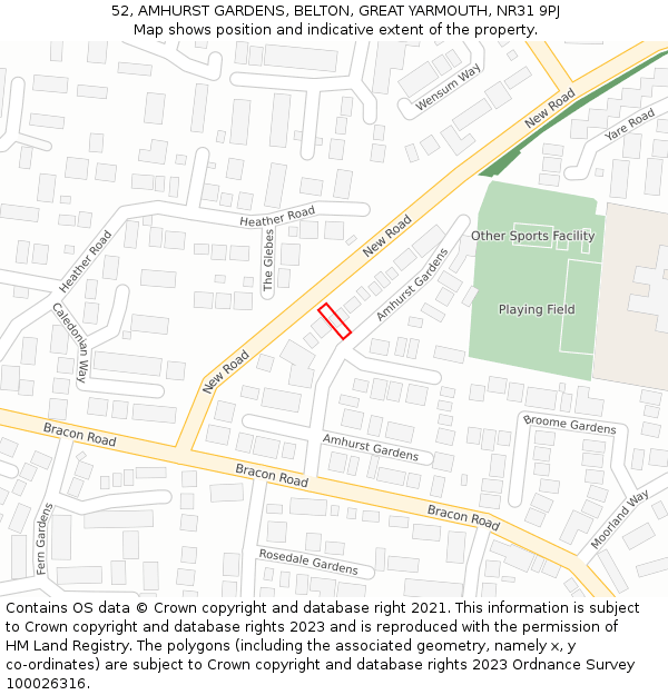 52, AMHURST GARDENS, BELTON, GREAT YARMOUTH, NR31 9PJ: Location map and indicative extent of plot