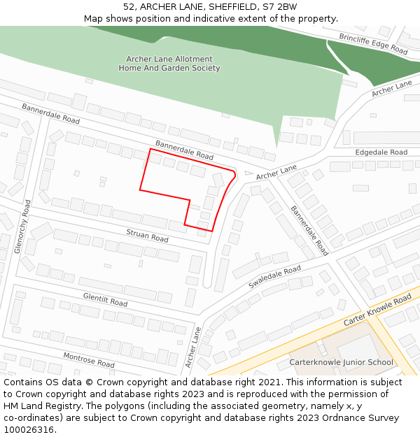 52, ARCHER LANE, SHEFFIELD, S7 2BW: Location map and indicative extent of plot