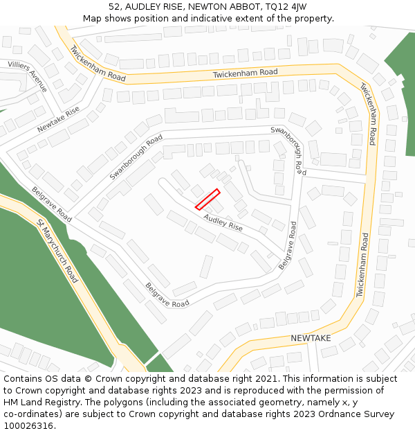 52, AUDLEY RISE, NEWTON ABBOT, TQ12 4JW: Location map and indicative extent of plot