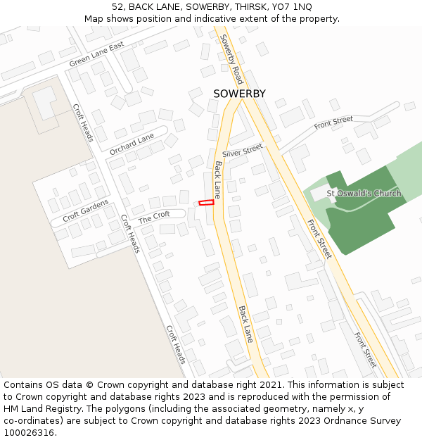 52, BACK LANE, SOWERBY, THIRSK, YO7 1NQ: Location map and indicative extent of plot