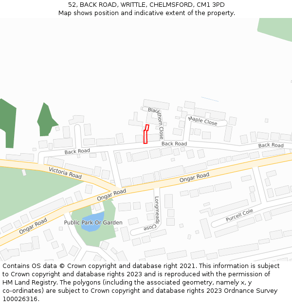 52, BACK ROAD, WRITTLE, CHELMSFORD, CM1 3PD: Location map and indicative extent of plot