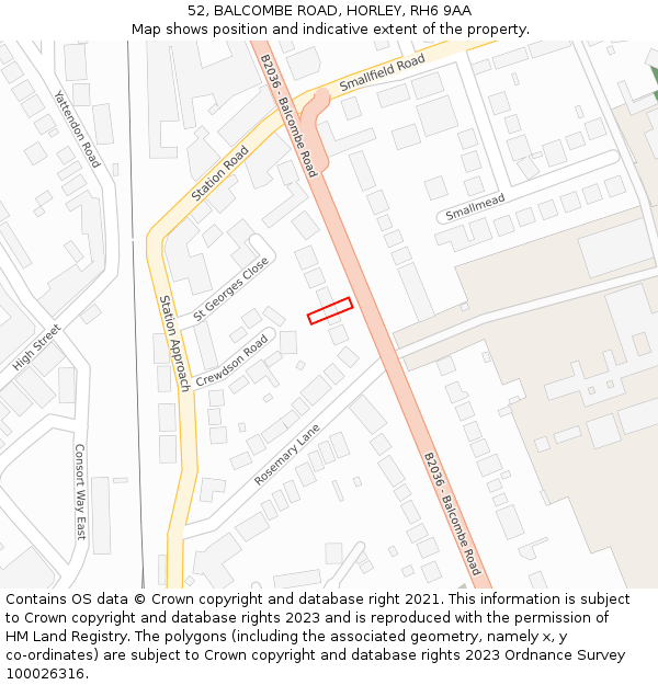 52, BALCOMBE ROAD, HORLEY, RH6 9AA: Location map and indicative extent of plot