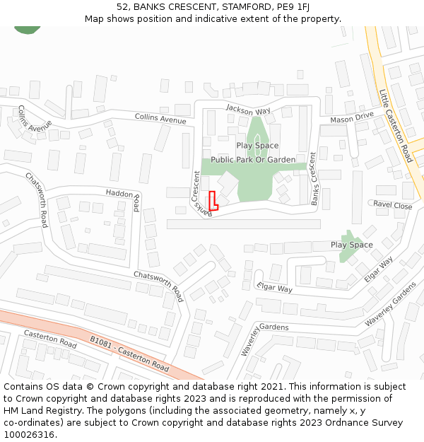 52, BANKS CRESCENT, STAMFORD, PE9 1FJ: Location map and indicative extent of plot