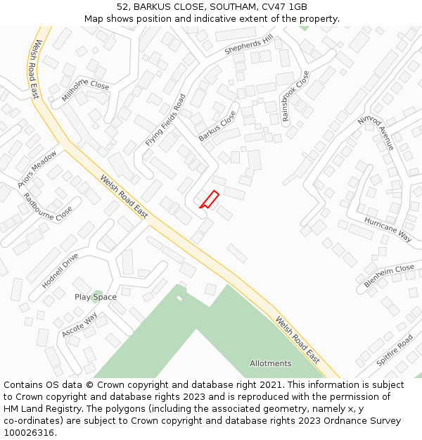 52, BARKUS CLOSE, SOUTHAM, CV47 1GB: Location map and indicative extent of plot