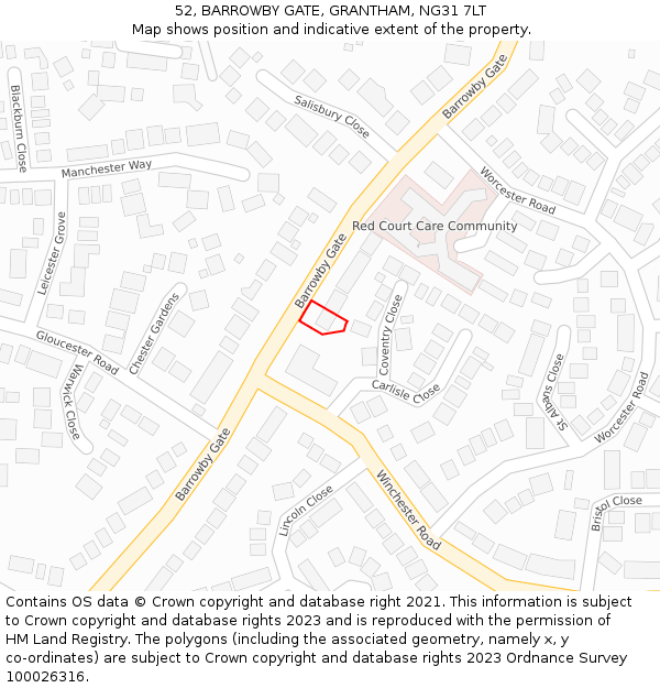 52, BARROWBY GATE, GRANTHAM, NG31 7LT: Location map and indicative extent of plot