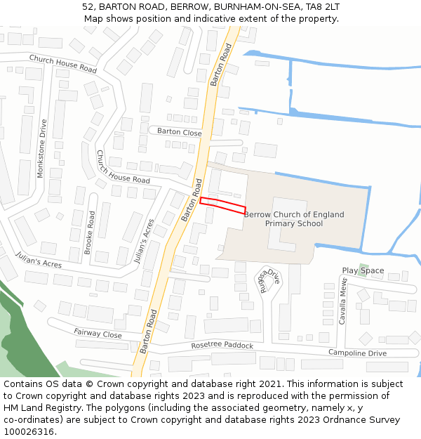 52, BARTON ROAD, BERROW, BURNHAM-ON-SEA, TA8 2LT: Location map and indicative extent of plot