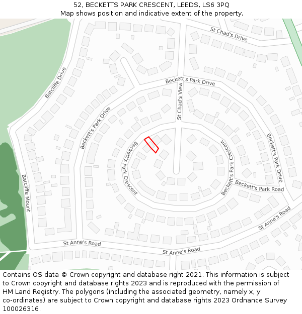 52, BECKETTS PARK CRESCENT, LEEDS, LS6 3PQ: Location map and indicative extent of plot