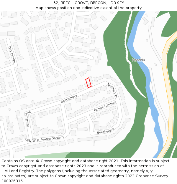 52, BEECH GROVE, BRECON, LD3 9EY: Location map and indicative extent of plot