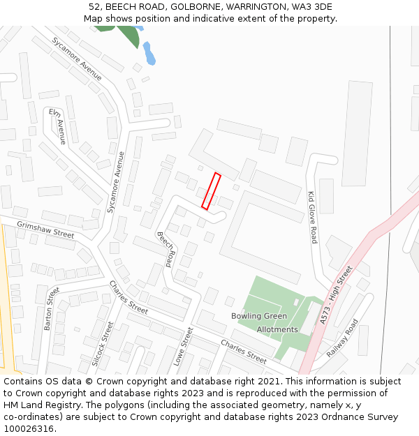 52, BEECH ROAD, GOLBORNE, WARRINGTON, WA3 3DE: Location map and indicative extent of plot