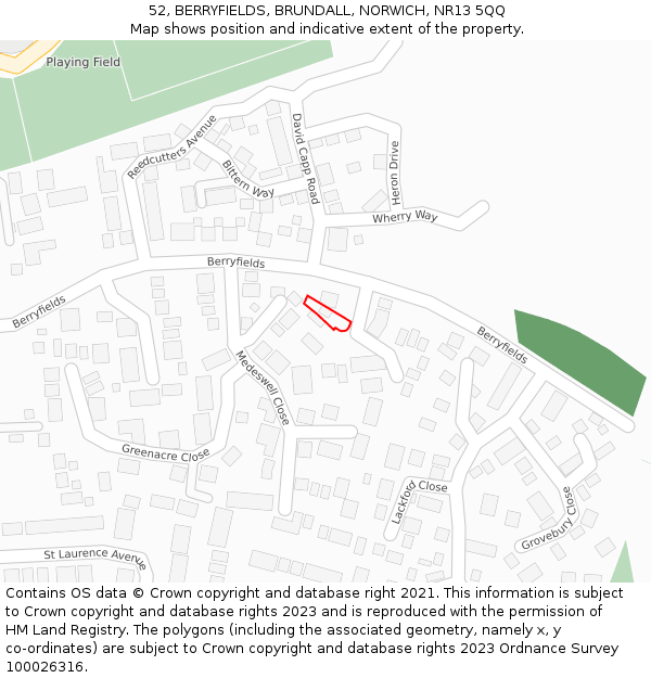 52, BERRYFIELDS, BRUNDALL, NORWICH, NR13 5QQ: Location map and indicative extent of plot