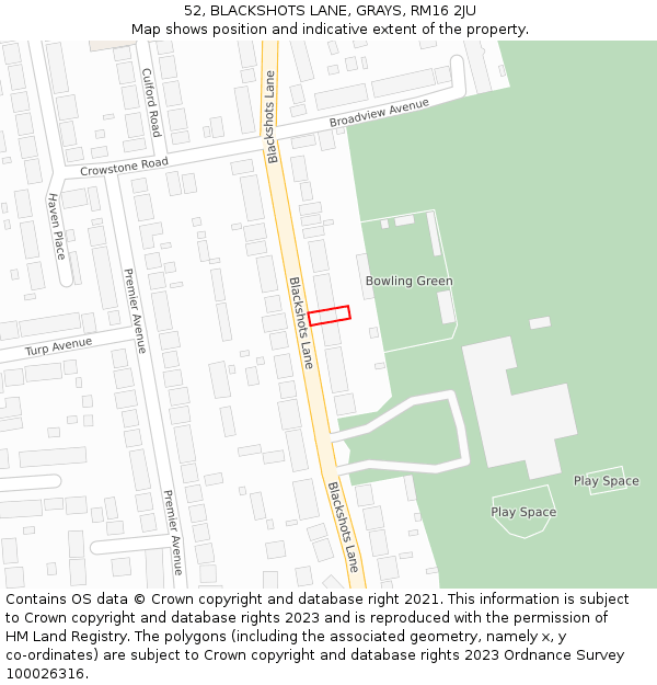 52, BLACKSHOTS LANE, GRAYS, RM16 2JU: Location map and indicative extent of plot