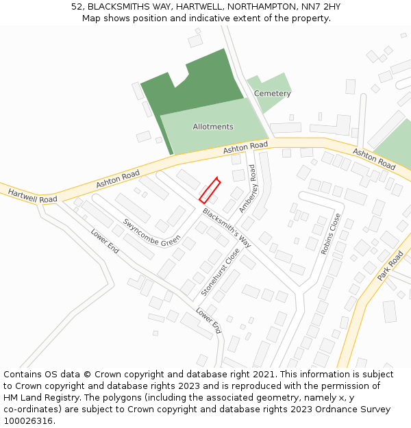 52, BLACKSMITHS WAY, HARTWELL, NORTHAMPTON, NN7 2HY: Location map and indicative extent of plot