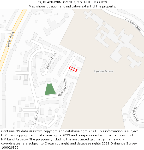 52, BLAYTHORN AVENUE, SOLIHULL, B92 8TS: Location map and indicative extent of plot