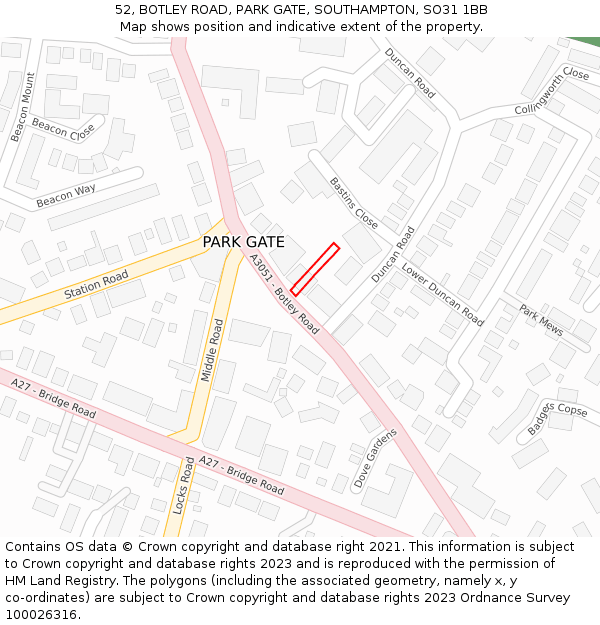 52, BOTLEY ROAD, PARK GATE, SOUTHAMPTON, SO31 1BB: Location map and indicative extent of plot