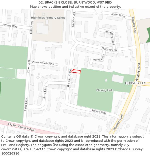 52, BRACKEN CLOSE, BURNTWOOD, WS7 9BD: Location map and indicative extent of plot