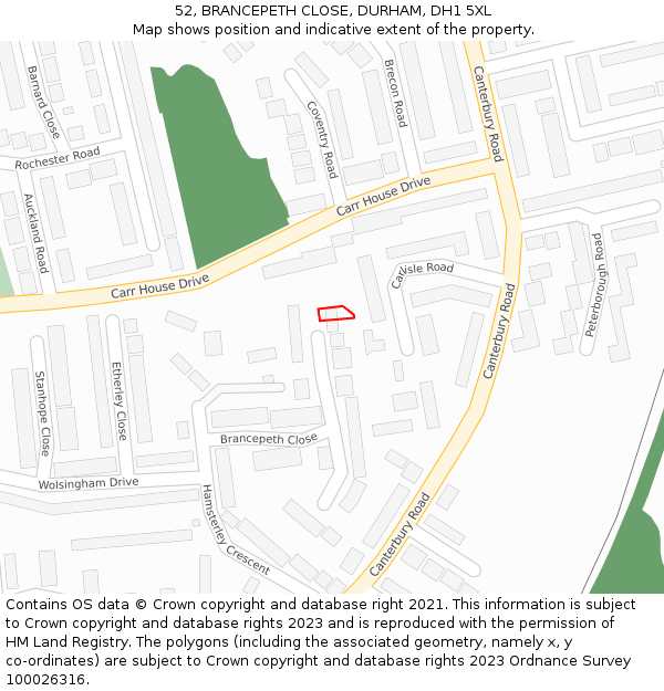 52, BRANCEPETH CLOSE, DURHAM, DH1 5XL: Location map and indicative extent of plot