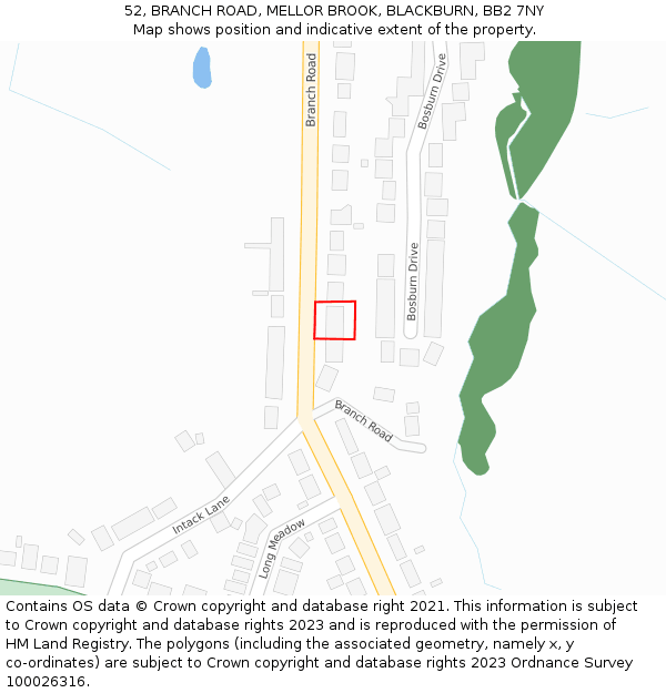 52, BRANCH ROAD, MELLOR BROOK, BLACKBURN, BB2 7NY: Location map and indicative extent of plot