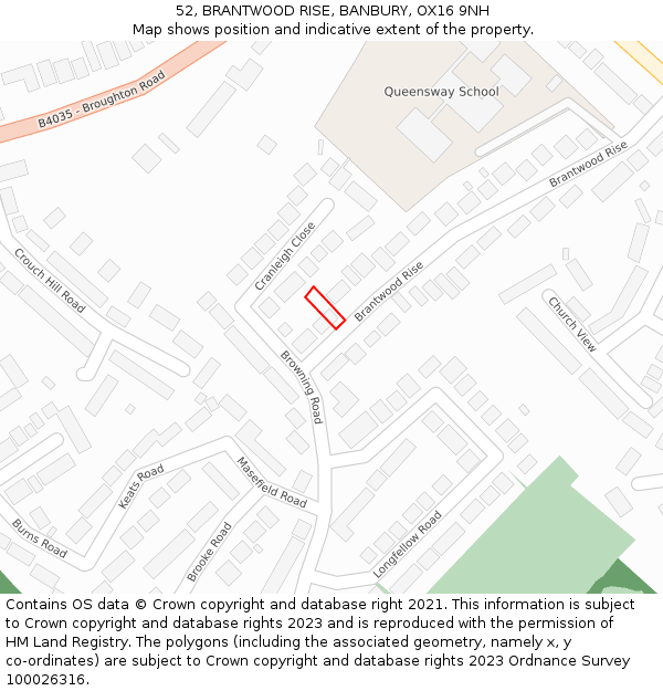 52, BRANTWOOD RISE, BANBURY, OX16 9NH: Location map and indicative extent of plot