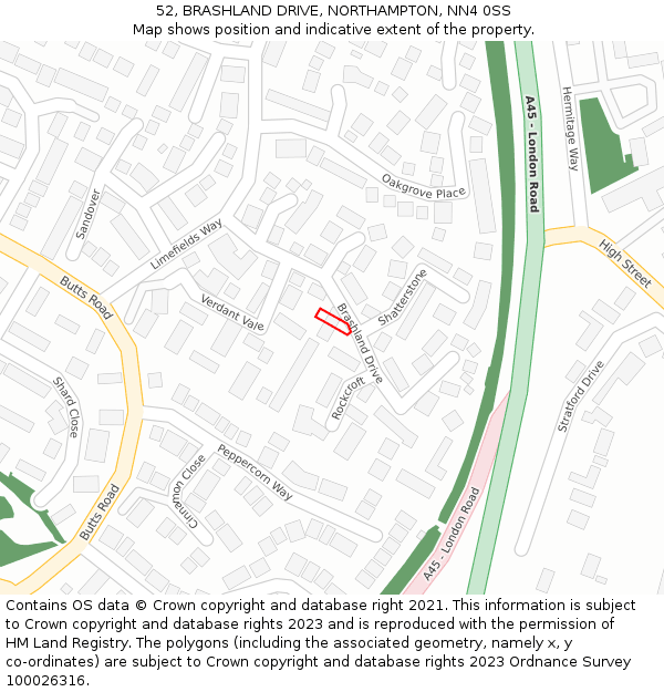 52, BRASHLAND DRIVE, NORTHAMPTON, NN4 0SS: Location map and indicative extent of plot