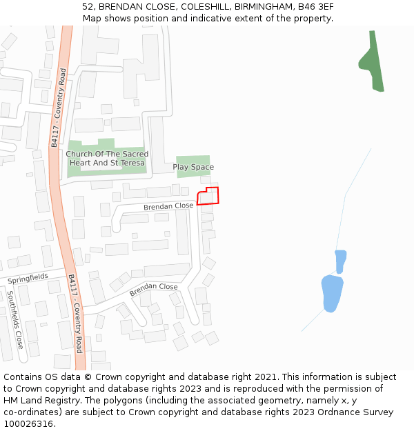 52, BRENDAN CLOSE, COLESHILL, BIRMINGHAM, B46 3EF: Location map and indicative extent of plot