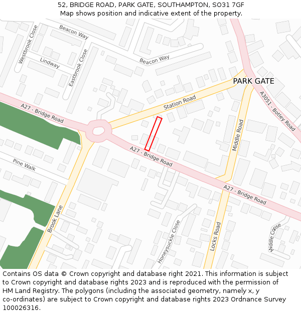 52, BRIDGE ROAD, PARK GATE, SOUTHAMPTON, SO31 7GF: Location map and indicative extent of plot