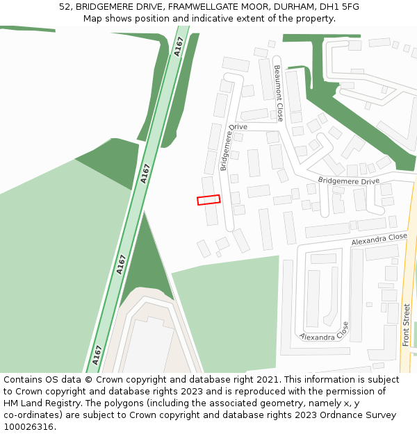 52, BRIDGEMERE DRIVE, FRAMWELLGATE MOOR, DURHAM, DH1 5FG: Location map and indicative extent of plot