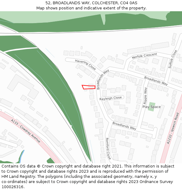 52, BROADLANDS WAY, COLCHESTER, CO4 0AS: Location map and indicative extent of plot