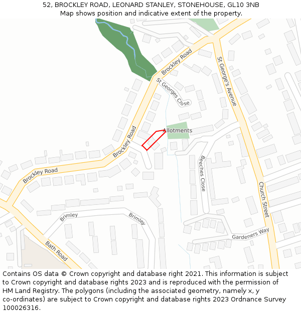 52, BROCKLEY ROAD, LEONARD STANLEY, STONEHOUSE, GL10 3NB: Location map and indicative extent of plot