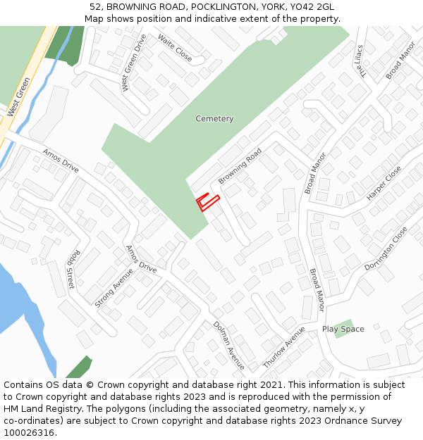 52, BROWNING ROAD, POCKLINGTON, YORK, YO42 2GL: Location map and indicative extent of plot