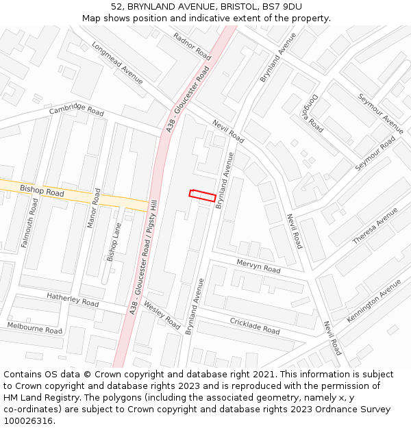 52, BRYNLAND AVENUE, BRISTOL, BS7 9DU: Location map and indicative extent of plot