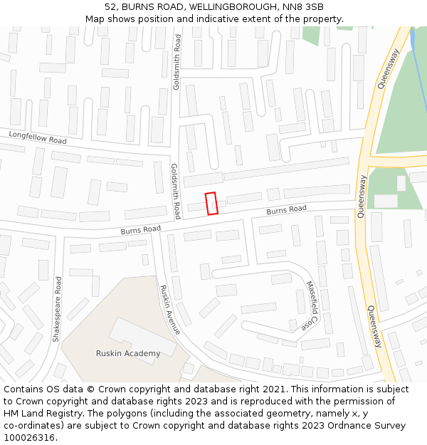 52, BURNS ROAD, WELLINGBOROUGH, NN8 3SB: Location map and indicative extent of plot