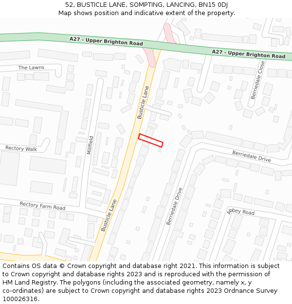 52, BUSTICLE LANE, SOMPTING, LANCING, BN15 0DJ: Location map and indicative extent of plot