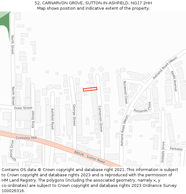 52, CARNARVON GROVE, SUTTON-IN-ASHFIELD, NG17 2HH: Location map and indicative extent of plot