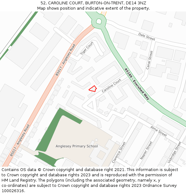 52, CAROLINE COURT, BURTON-ON-TRENT, DE14 3NZ: Location map and indicative extent of plot