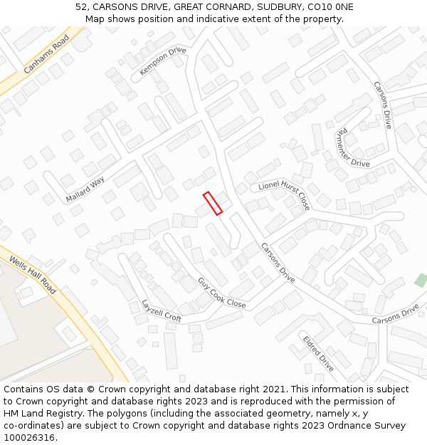 52, CARSONS DRIVE, GREAT CORNARD, SUDBURY, CO10 0NE: Location map and indicative extent of plot