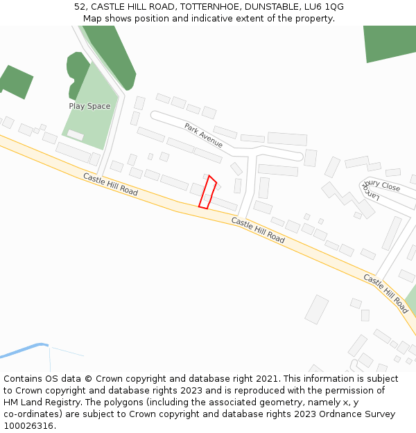 52, CASTLE HILL ROAD, TOTTERNHOE, DUNSTABLE, LU6 1QG: Location map and indicative extent of plot