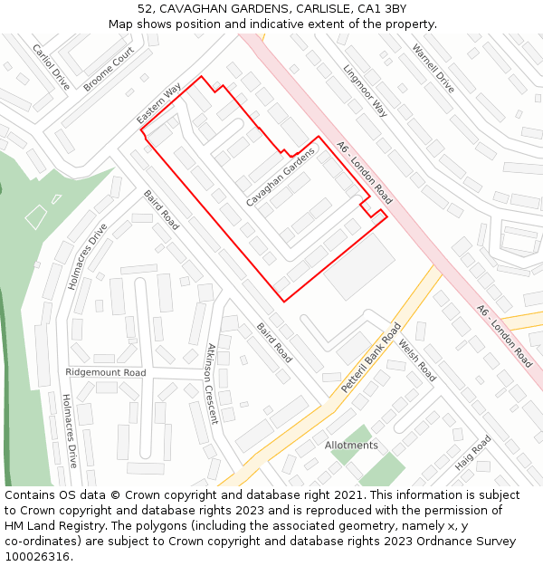 52, CAVAGHAN GARDENS, CARLISLE, CA1 3BY: Location map and indicative extent of plot