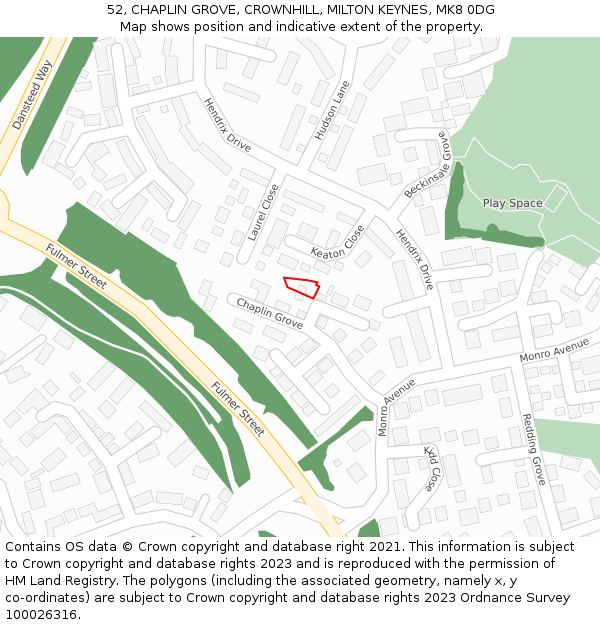 52, CHAPLIN GROVE, CROWNHILL, MILTON KEYNES, MK8 0DG: Location map and indicative extent of plot